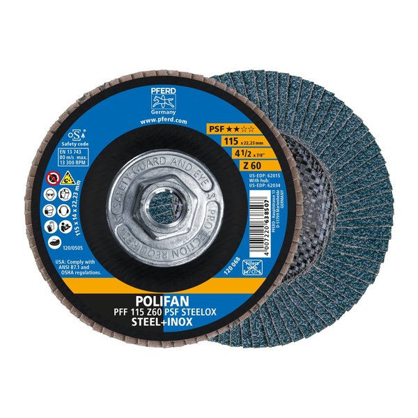 Pferd 4-1/2" x 5/8-11 Thd. POLIFAN® Flap Disc - Z PSF STEELOX, Zirconia, 60 Grit, Flat 62034